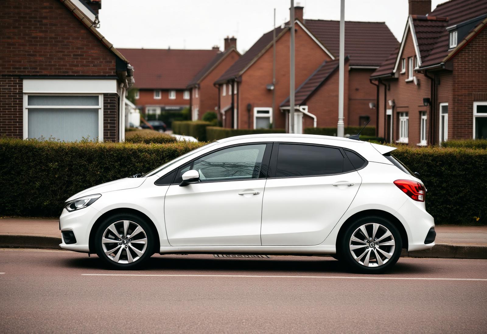 Witte lesauto langs de stoep in een rustige Nederlandse woonwijk